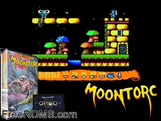 Moontorc (UK) (1991) [t1] Amstrad CPC game showing 3D box cover and gameplay screenshot